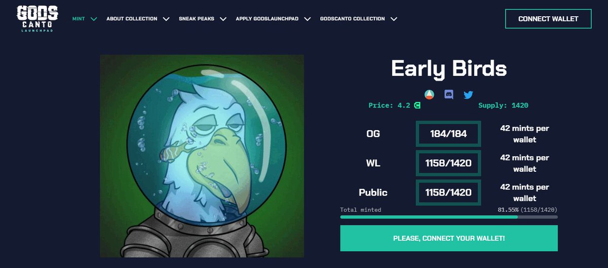 HyBrids (@hybrids_nft) on Twitter photo Another successful launch, <a href="/EarlyBirds_NFT/">Early Birds</a> is over 80% minted on our launchpad and is almost Soldout 🚀
It is minting smoothly and very fast with our new contract.
This is a project that already has a collection at Solana and is now supporting the Canto community 💚
#CantoNFT Another successful launch, <a href="/EarlyBirds_NFT/">Early Birds</a> is over 80% minted on our launchpad and is almost Soldout 🚀
It is minting smoothly and very fast with our new contract.
This is a project that already has a collection at Solana and is now supporting the Canto community 💚
#CantoNFT
