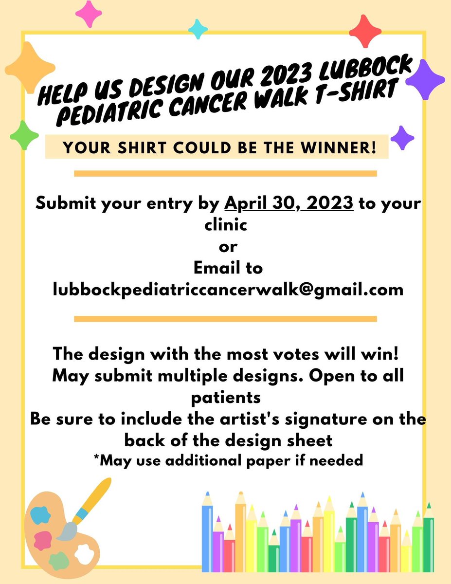 LbkPediCancer's tweet photo. We’re getting ready for our walk in September, and we want YOU to help design our t-shirts this year!

Please submit your t-shirt design by April 30 to be entered! See flyer for details on how to submit your/your patient’s design. ☺️ https://t.co/4eIhdIuSeB