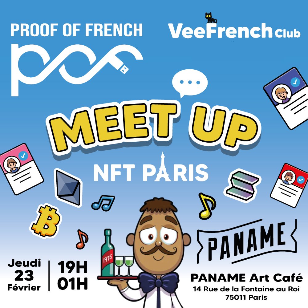Glad to announce the <a href="/ProofofFrench/">Proof of French</a> and <a href="/veefrenchclub/">VeeFrench Club</a> will be meeting thursday evenning for our <a href="/nft_paris/">NFT Paris</a> side event together 🥰

Come bless us with a BJ if you want (a Gm is fine too ❤️)