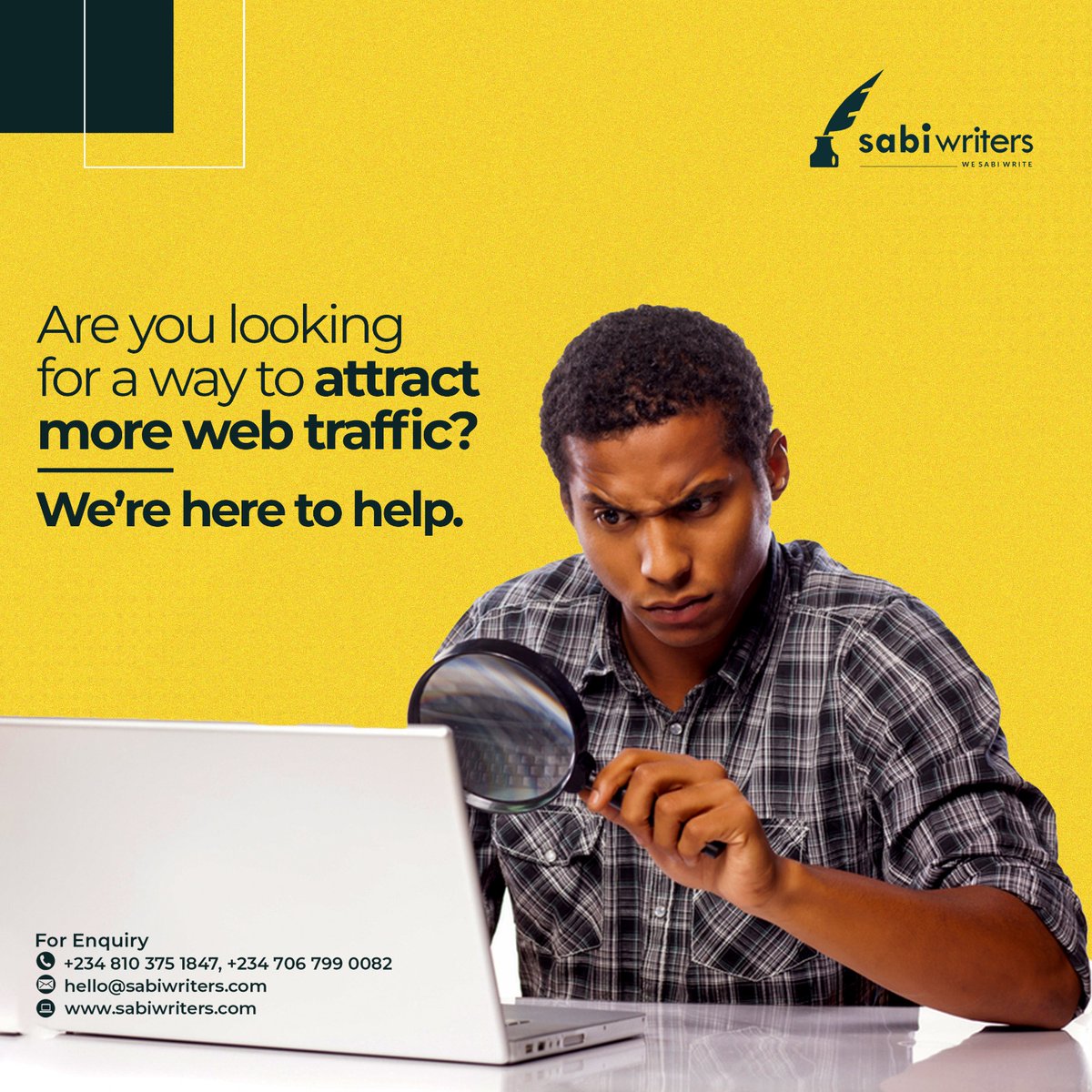 sabiwriters's tweet photo. The more people who find your website, the greater the potential of closing sales.
We can help you increase the traffic that comes to your website.
Send us a DM to get started.
#sabiwriters #sabilab #wesabiwrite #content #seo #webtraffic #conversion https://t.co/6Jtmo53P92