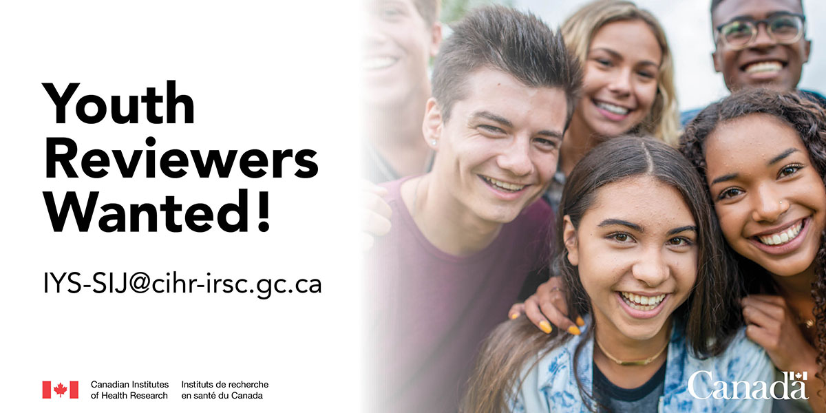 .<a href="/CIHR_IRSC/">CIHR</a> is looking for youth to help review applications for an Integrated Youth Services Network #FundingOpportunity!

Do you have experience with #YouthMentalHealth services and programs in Canada?

📧 Please email IYS-SIJ@cihr-irsc.gc.ca
