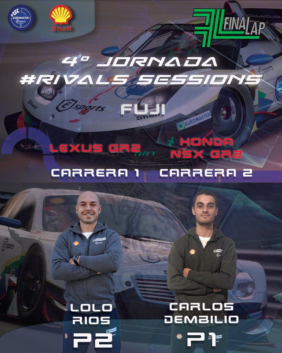ERM_Esports's tweet photo. | GT7 |

🏆 Otro gran resultado en la cuarta jornada de la #RivalsSessions de @FinaLap_eSports para seguir sumando puntos importantes 

🥈 @ERM_LoloRios (primera manga)
🥇 @CDembilio (segunda manga)

¡Enormes chicos! 🤍💙

@Euromaster_es @Shell https://t.co/w7qQMhP3Co