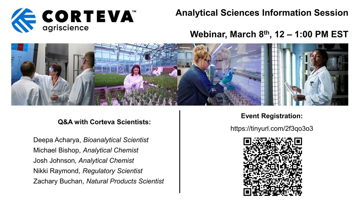 There are a number of different opportunities in analytical sciences within Corteva. Come learn more about it!

Register ahead of time using the link below or use the QR code.

lnkd.in/gNtSEF29
