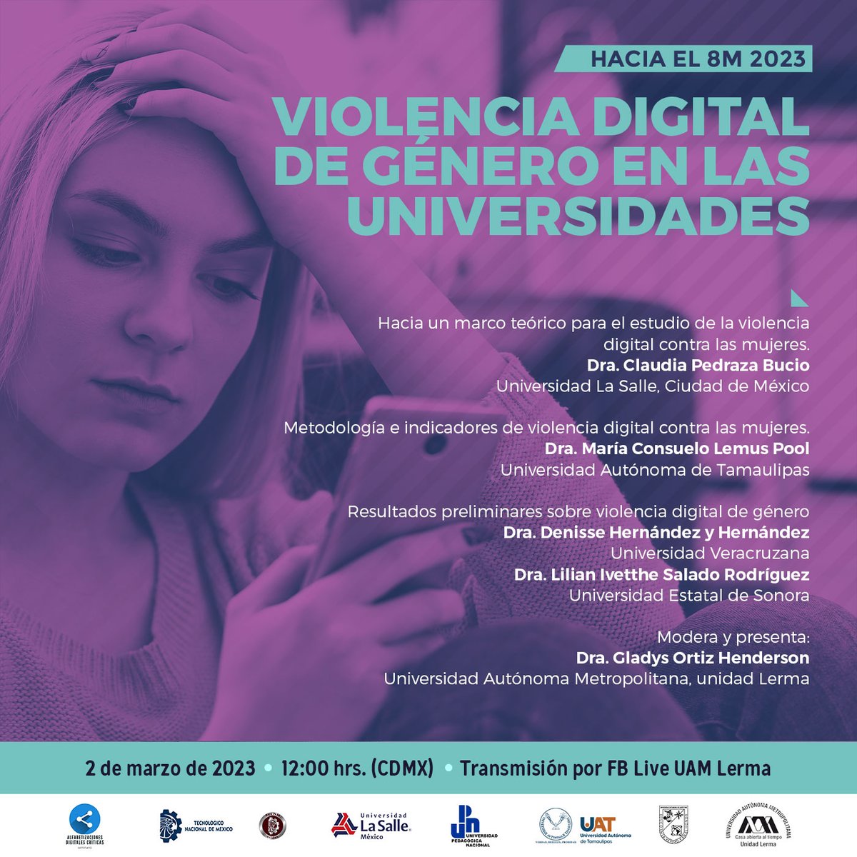 AMIC_com's tweet photo. #Rumboal8M Desde Alfabetizaciones Digitales Críticas-Seminario nos invitan al panel "Violencia Digital de Género en la Universidades". 
 📆 Jueves 2 de marzo. 
⏰12:00 horas. En vivo por FB @UAMLerma https://t.co/8oGKfSTPql