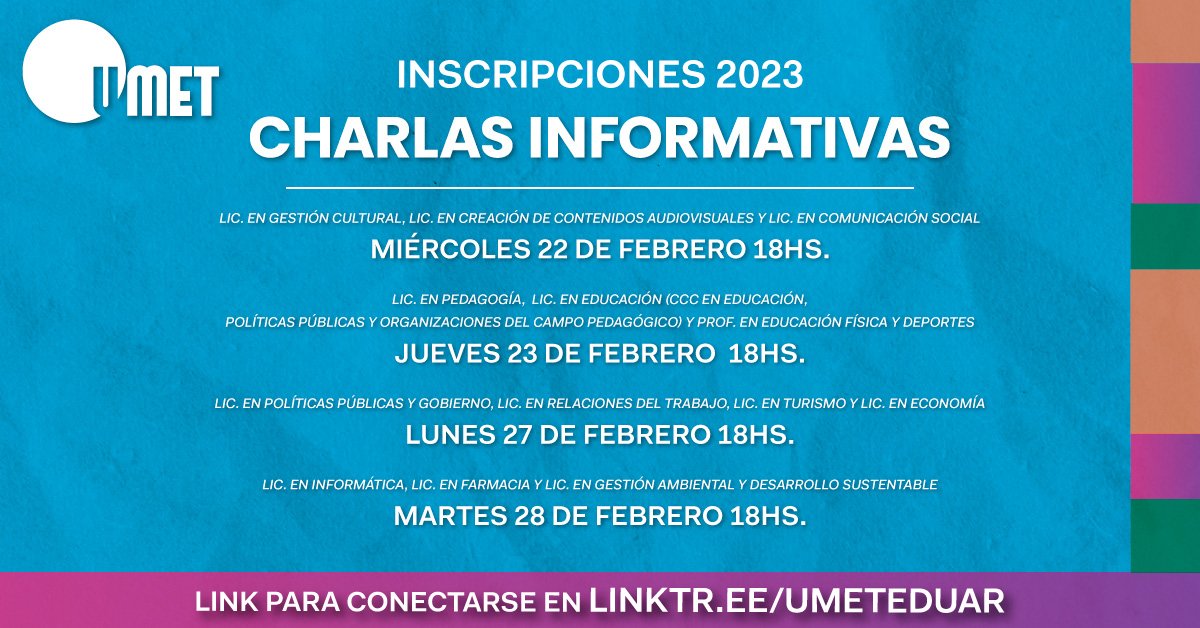 ❗Sumate a conocer la #UMET
🗓️Recordá que brindamos charlas informativas virtuales según cada carrera:
Lic. en Gestión Cultural, en Creación de Contenidos Audiovisuales y en Comunicación Social: 22/02 18hs
(Más información en el siguiente tweet)