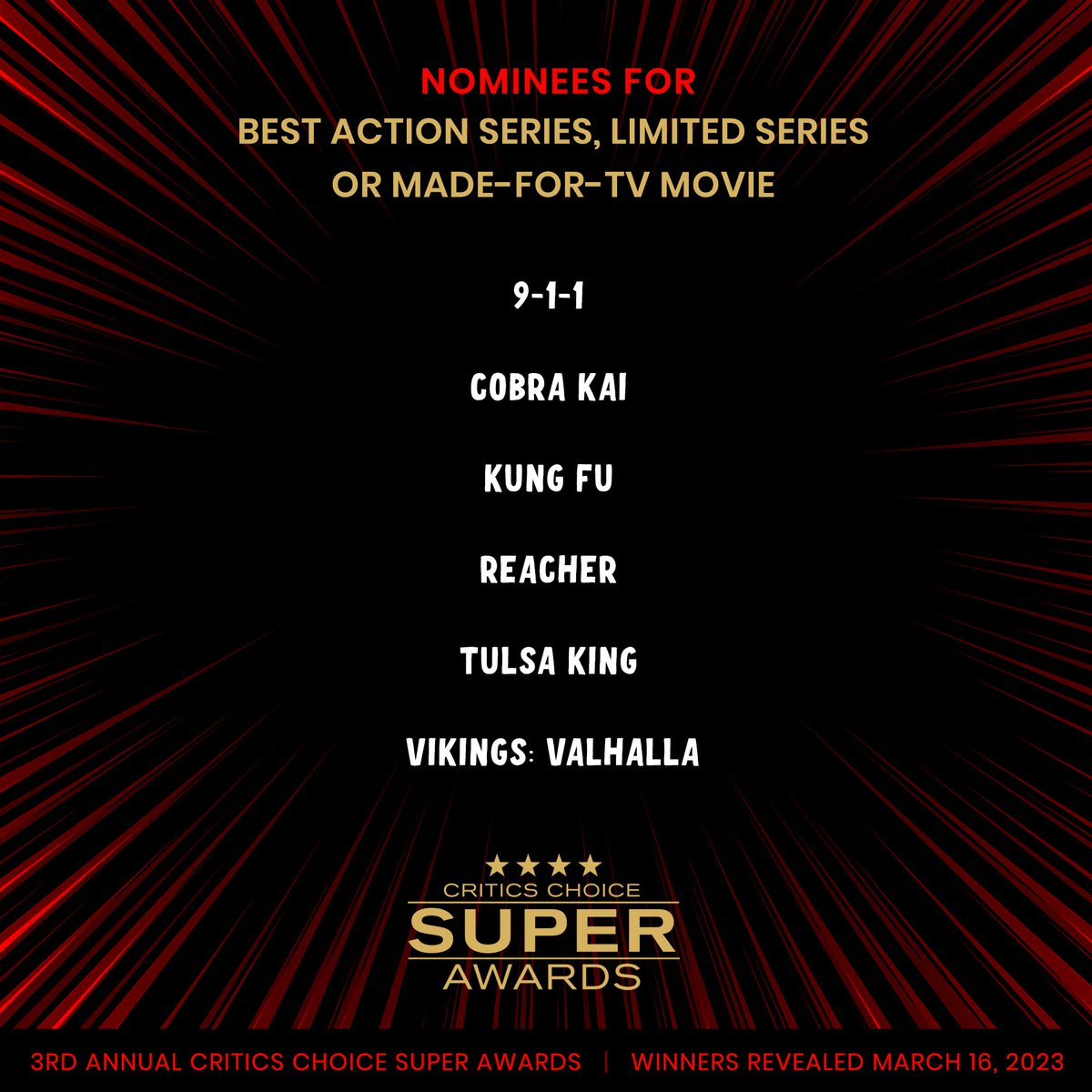 Congratulations to the Critics Choice Super Awards Nominees for BEST ACTION SERIES, LIMITED SERIES OR MADE-FOR-TV MOVIE: #911 @CobraKaiSeries @cw_kungfu #Reacher @TulsaKing #VikingsValhalla 3rd Annual #CriticsChoice #SuperAwards winners announced 3/16 criticschoice.com