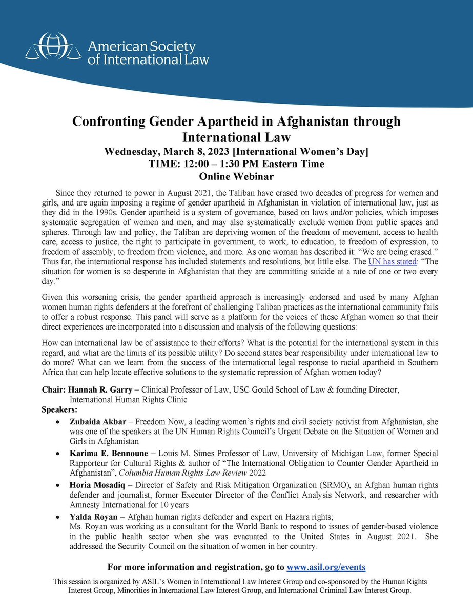 asilorg_ICLIG's tweet photo. On Wednesday March 8, 2023, the @asilorg Women in International Law Interest Group is hosting an event on “Confronting Gender Apartheid in Afghanistan Through International Law” — sign up here: https://t.co/2XxBldN8IO https://t.co/fzrVA1Cjqy