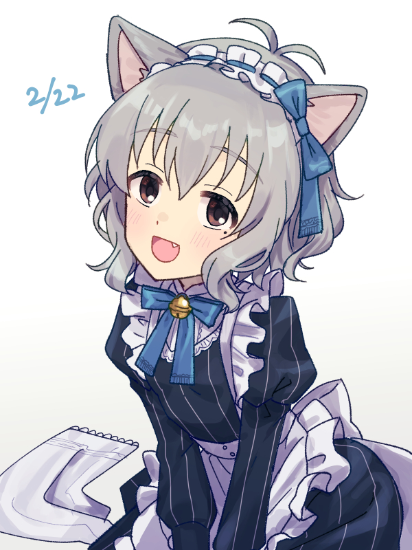 1girl animal ears grey hair solo maid apron fang  illustration images