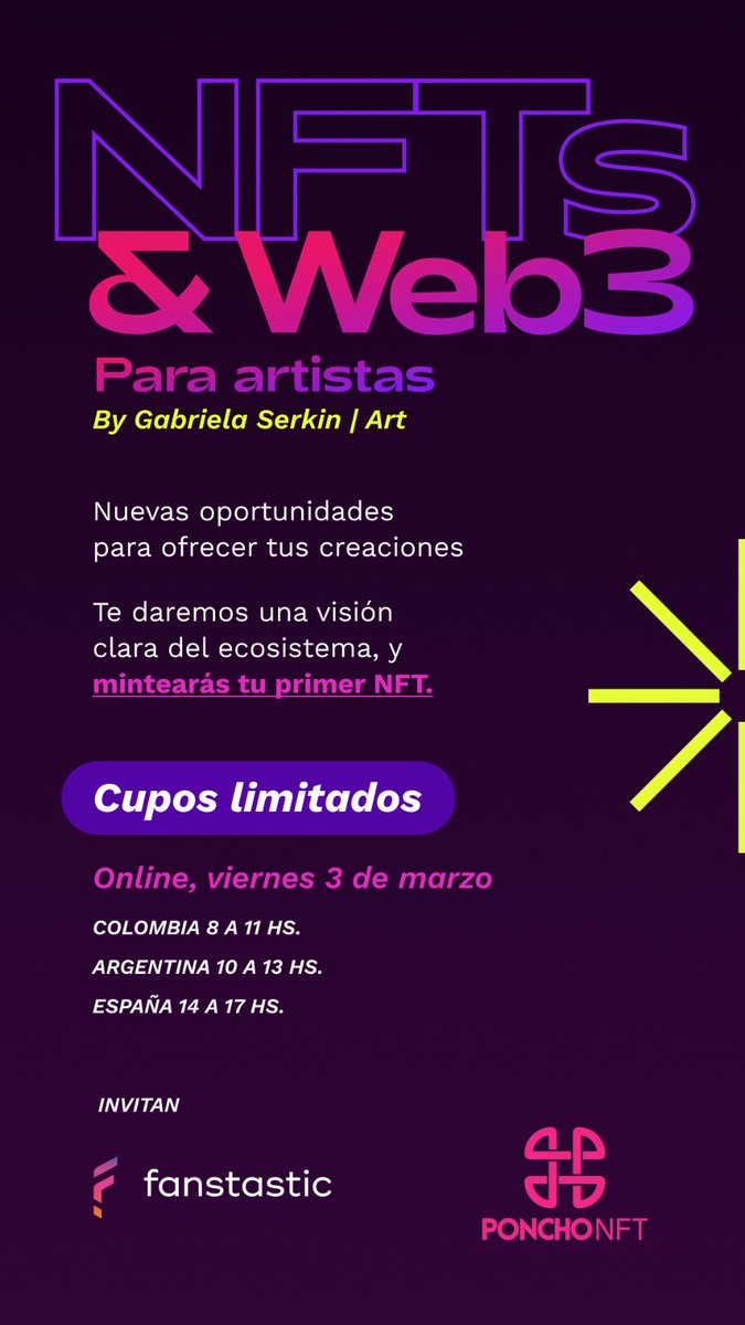 We are glad to share a course that <a href="/GabrielaSerkin/">Gabriela Serkin</a> will give for free to everybody about NFT &amp; Web3, support by Poncho NFT together with <a href="/Fanstasticok/">Fanstastic</a>. It's about Web3, NFT and how to monetize in <a href="/Fanstasticok/">Fanstastic</a>. There are limited places, forms.gle/9GfaL6dAGCjUpN…