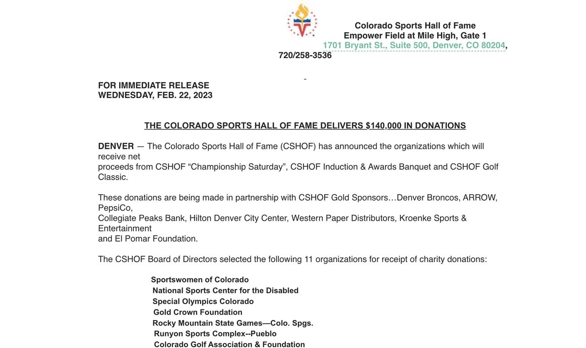COSportsHoF's tweet photo. The Colorado Sports Hall of Fame Delivers $140,000 in Donations https://t.co/XMEVKydoGr