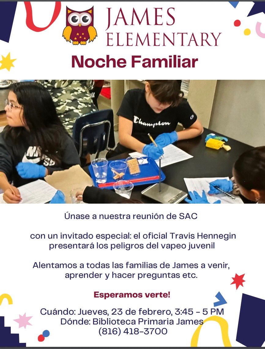 Join the James SAC meeting this Thursday. Free pizza and information to support your children. All are welcome. Únase a la reunión de James SAC este jueves.  Pizza gratis e información para apoyar a sus hijos.<a href="/kcpublicschools/">KCPS</a> <a href="/MTylerkc/">Mrs.TylerKC</a> <a href="/KCPS_East/">East High School</a> <a href="/KCPS_StudentSup/">KCPS Division of Student Support Services</a> <a href="/KCPS_NEMS/">NEMS Titans</a>