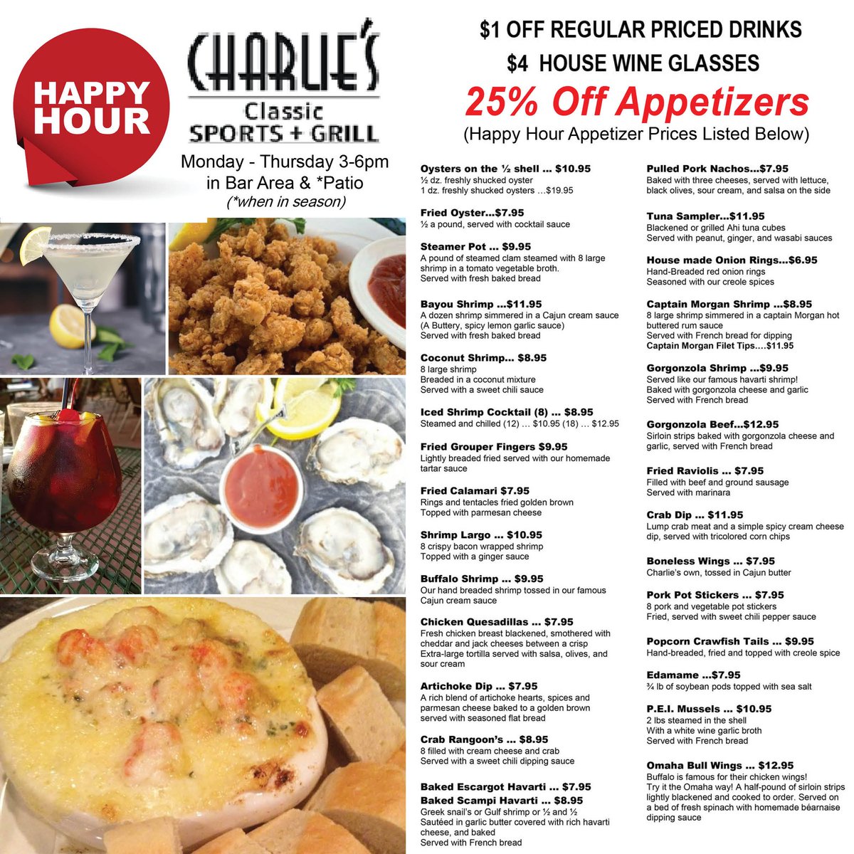 Brighten up this gloomy day with a Happy Hour! From 3-6pm, get drink specials and 25% off all these incredible appetizers.

#happyhour #happyhourspecials #appetizersomaha #appetizers #charliesomaha