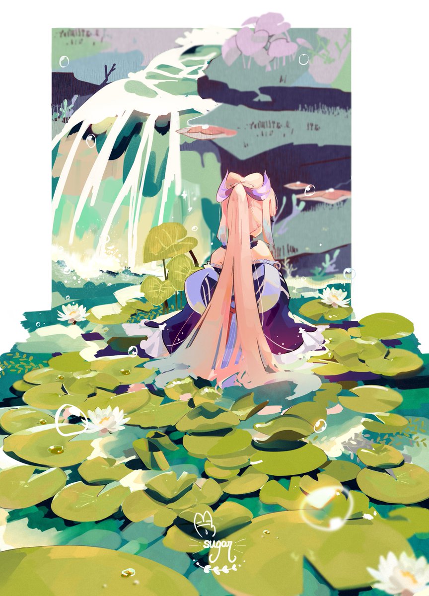 sangonomiya kokomi 1girl lily pad pink hair long hair water solo bow-shaped hair  illustration images