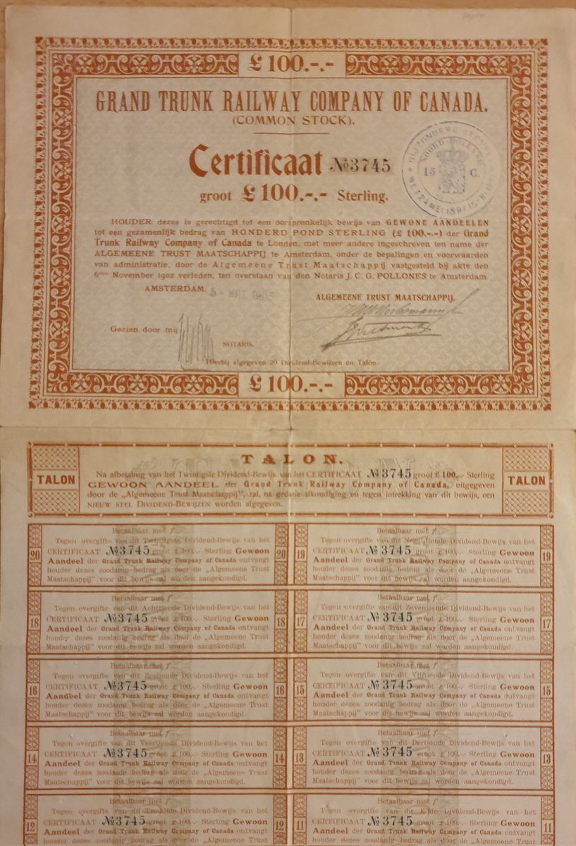 A beautiful grand trunk #railway company of #canada #stock from 1903 of 100 pond sterling.