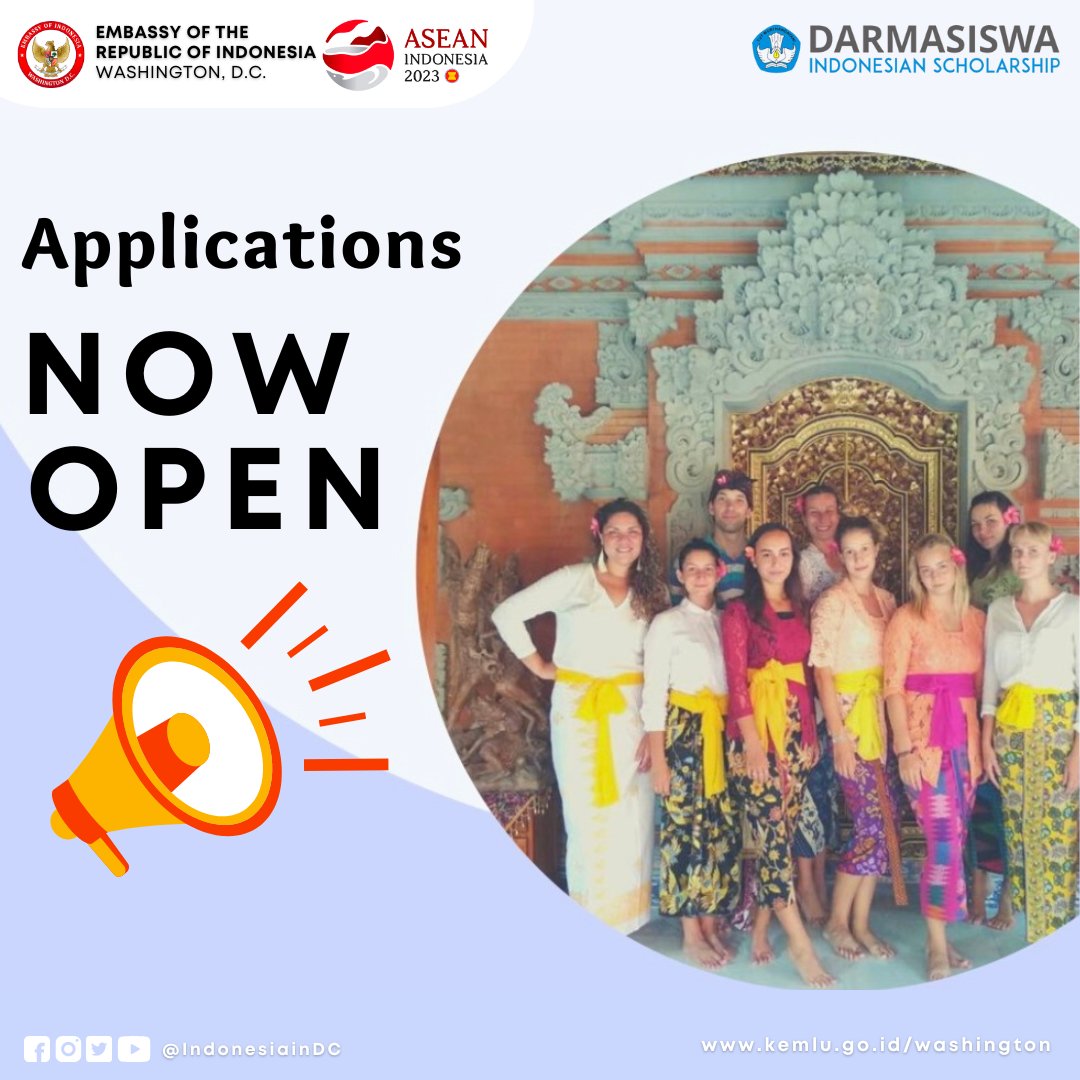 Are you fascinated by Indonesian #language &amp; #culture? The application for the <a href="/Darmasiswa/">Darmasiswa RI</a> Indonesian Scholarship is now open! This program is a collaboration b/w the <a href="/Kemdikbud_RI/">kemdikbud go id</a> &amp; <a href="/MoFA_Indonesia/">MoFA of Indonesia</a>.

#inidiplomasi #indonesiainus #indonesianway #acceptingapplications #studyabroad