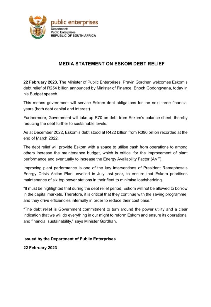 Carte Blanche on Twitter "RT DPE_ZA MEDIA STATEMENT ON ESKOM DEBT RELIEF"
