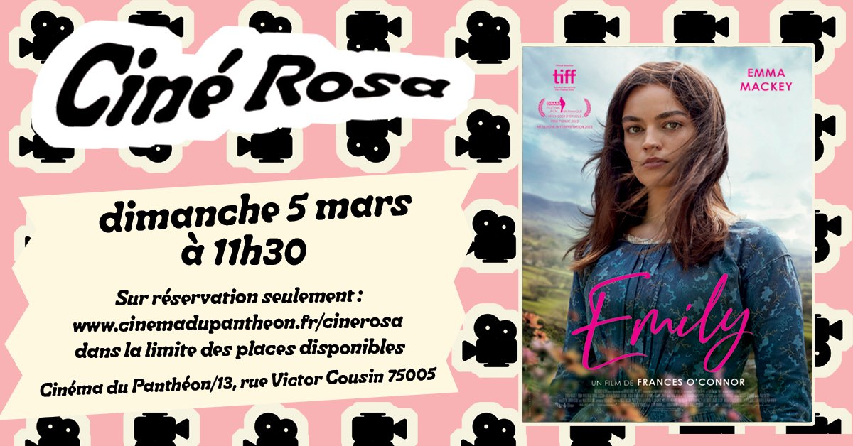 Le Ciné Rosa de mars vous invite à redécouvrir Emily Brontë avec Emily de Frances O'Connor📽
Une ode à l’exaltation, à la différence et à la féminité.
Dimanche 5 mars 2023 à 11h30 @CinemaPantheon
Avec <a href="/whynotprod/">Why Not Productions</a> &amp; <a href="/WildBunch/">Wild Bunch</a> 
👉🏼 Résa indispensable: 
bit.ly/33k4DKg