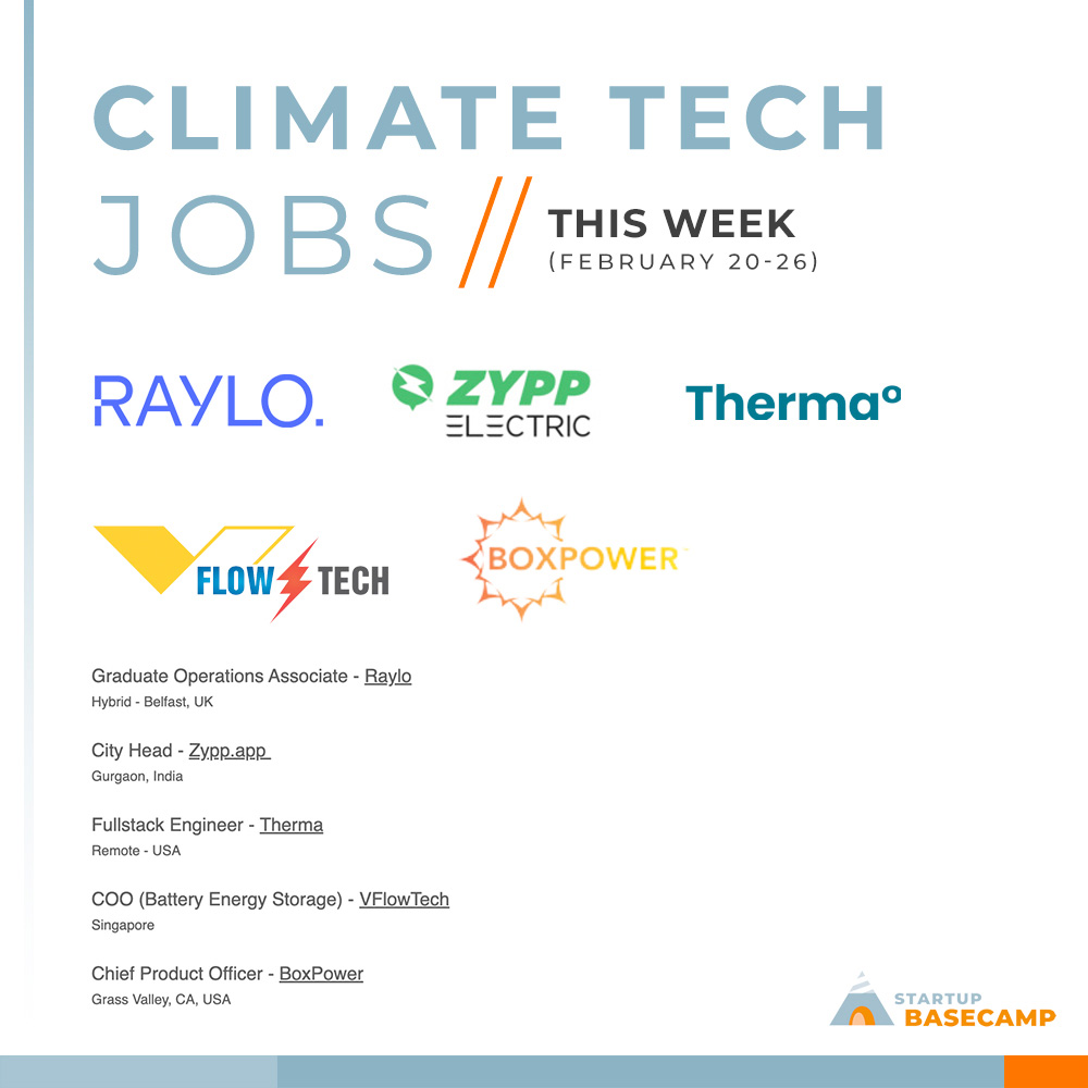 💼 Looking for a #climatetech job?

We feature a few every week: 🗞️ lnkd.in/dWmiR9Sx

#hiring this week: 
📱 <a href="/raylo/">Raylo</a>
⚡ <a href="/ZyppElectric/">ZyppElectric</a>
🌡️ Therma 
🔋 VFlowTech
☀️ <a href="/boxpowersystems/">BoxPower</a> 

#techjobs #impactjobs #greenjobs #cleantech #climatejobs #jobsearch #impacttech #techforgood