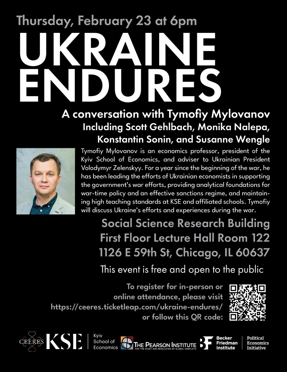 Thursday, Feb. 23 at 6pm
UKRAINE ENDURES
Taking Stock of One Year of the Russia-Ukraine War
Register to attend In Person or Online here: ceeres.ticketleap.com/ukraine-endure…
A conversation with Tymofiy Mylovanov
Including Scott Gehlbach, Monika Nalepa, Konstantin Sonin, and Susanne Wengle