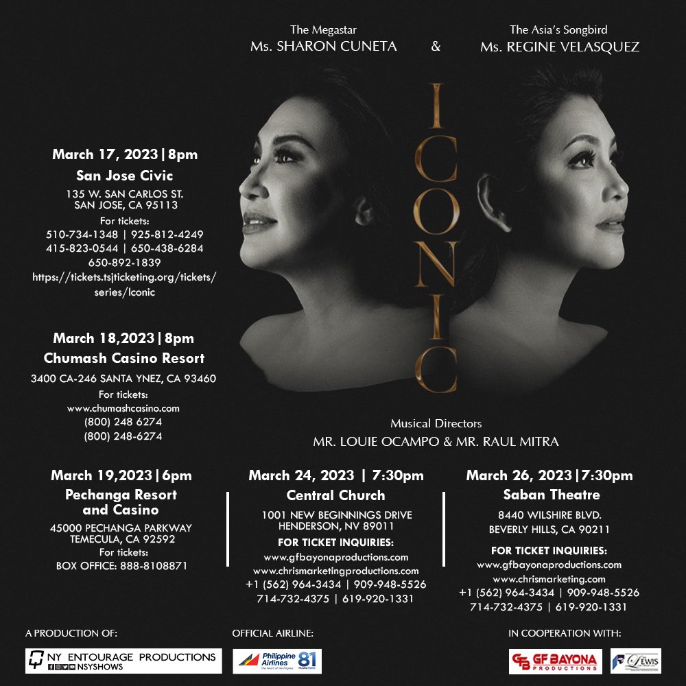 We are going back to the US for “𝐈𝐂𝐎𝐍𝐈𝐂” this March! 🎶 🌟 @sharon_cuneta12 @reginevalcasid March 17 San Jose, CA March 18 Santa Ynez, CA March 19 Temecula, CA March 24 Las Vegas, NV March 26 Los Angeles, CA #Iconic2023 #SharonCuneta #RegineVelasquez #NSYSHOWS