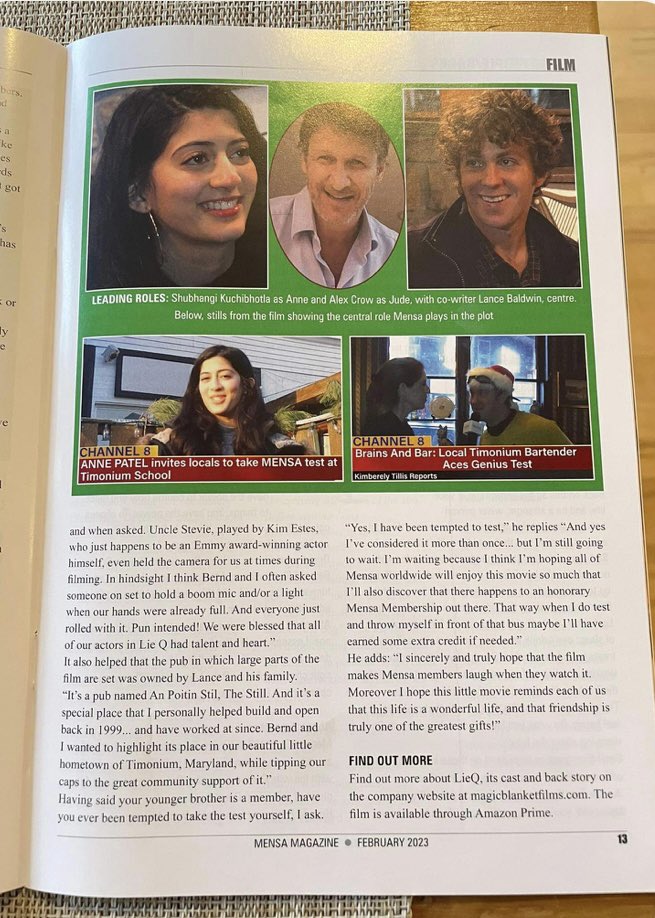 LB_Now's tweet photo. THANK YOU again from #LieQ & @magcblanktfi1ms @AmericanMensa @IrishMensa @mensa_mumbai @MarylandMensa @GNYMENSA for starters Courtesy of UK MENSA: photos of article in its latest Quarterly Bulletin… interview for new comedy #LieQ now on @PrimeVideo @Tubi, @rlaxxtv_global @XumoTV https://t.co/pwRdXE8kIy