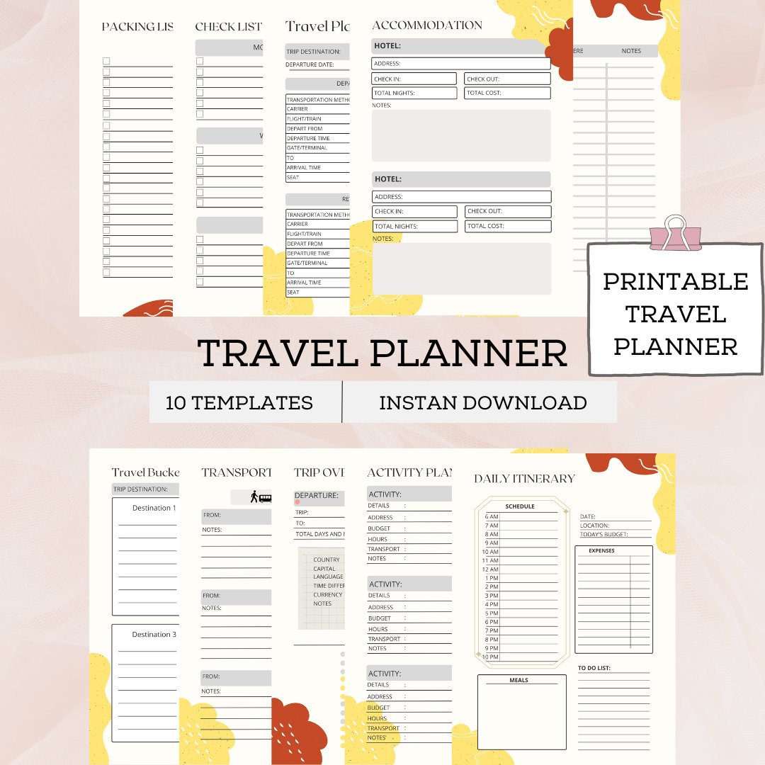 Ready to explore? Our printable travel planner has got you covered! From packing lists to itinerary planners, our planner has everything you need to make your next adventure stress-free. Purchase now! #travelplanner #vacationplanning #wanderlust' #roadtrip #printableplanner