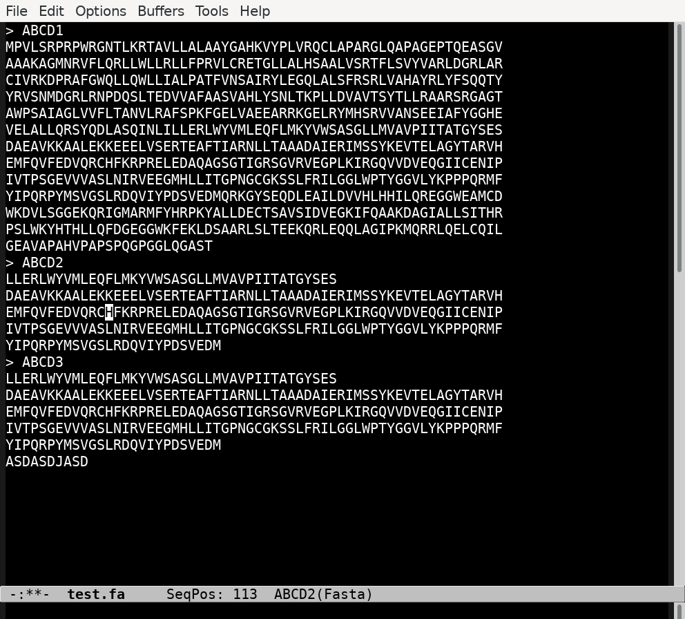 haschkat's tweet photo. Programmed an #emacs #fasta mode to edit fasta files showing current sequence and residue/nucleotide position in the modeline of emacs. If you find this useful you can grab it here https://t.co/ztTdpnF8Dg #bioinformatics #code #genesequence #genetics #proteinsequence #lisp https://t.co/ozlYTuiSqp