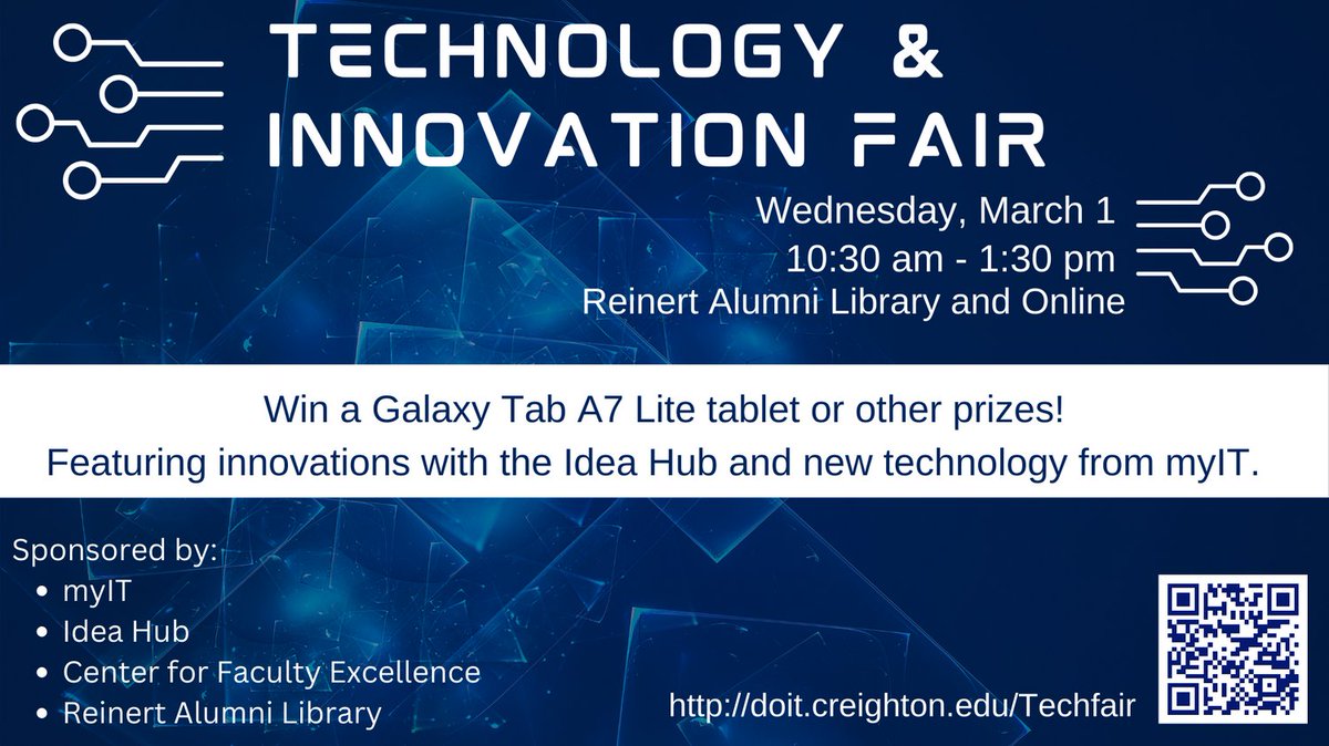 CreightonMyIT's tweet photo. Have you wondered how to use a 3D printer?  Have you experienced Virtual Reality?  Wondering how to get a discounted price on a personal use Dell laptop like the ones you use on campus? Come to the Technology and Innovation Fair and explore. https://t.co/I5Iv5suE82