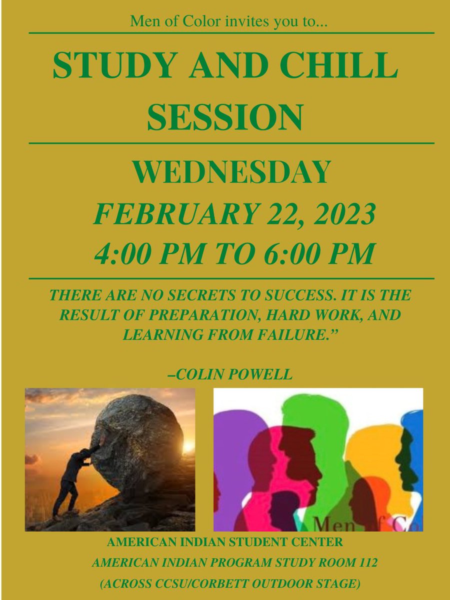 Do not forget to join us today for the Study and Chill Session from 4:00 PM to 6:00 PM at the American Indian Student Center.