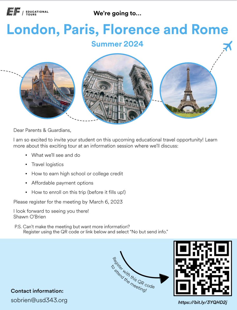 Mr. O’Brien is offering a great opportunity for eighth grade through senior students at Perry Lecompton! If you are interested in traveling to London, Paris, Florence and Rome in the summer of 2024. Please take a look at the attached flyer!
