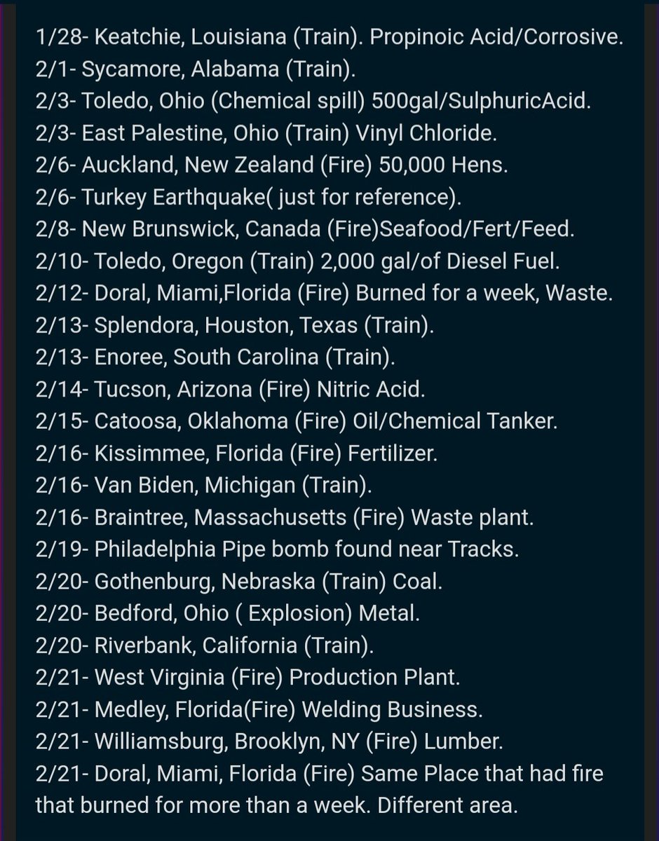 CollectorInspe1's tweet image. Here is a list of fires and train derailment since the end of January. 
Also in case anyone was curious, Jan 17th is when Ukranian soldiers arrived in the US for training. 
#coincidence #TrainDerailment #plantExplosion