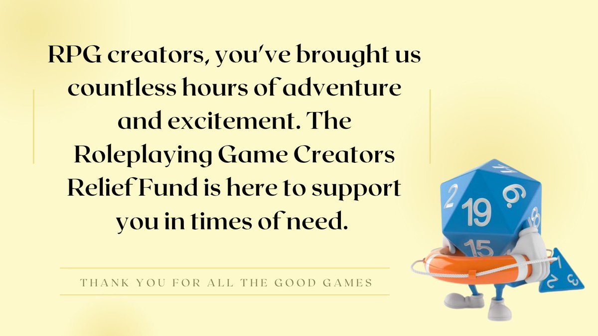 RPG creators, you've brought us countless hours of adventure and excitement. The RCRF is here to support you in times of need. Apply for assistance or donate now. 

Tag your favorite creator to show your appreciation!

#RPG #ttrpg  #Creators
rcrfcharity.org