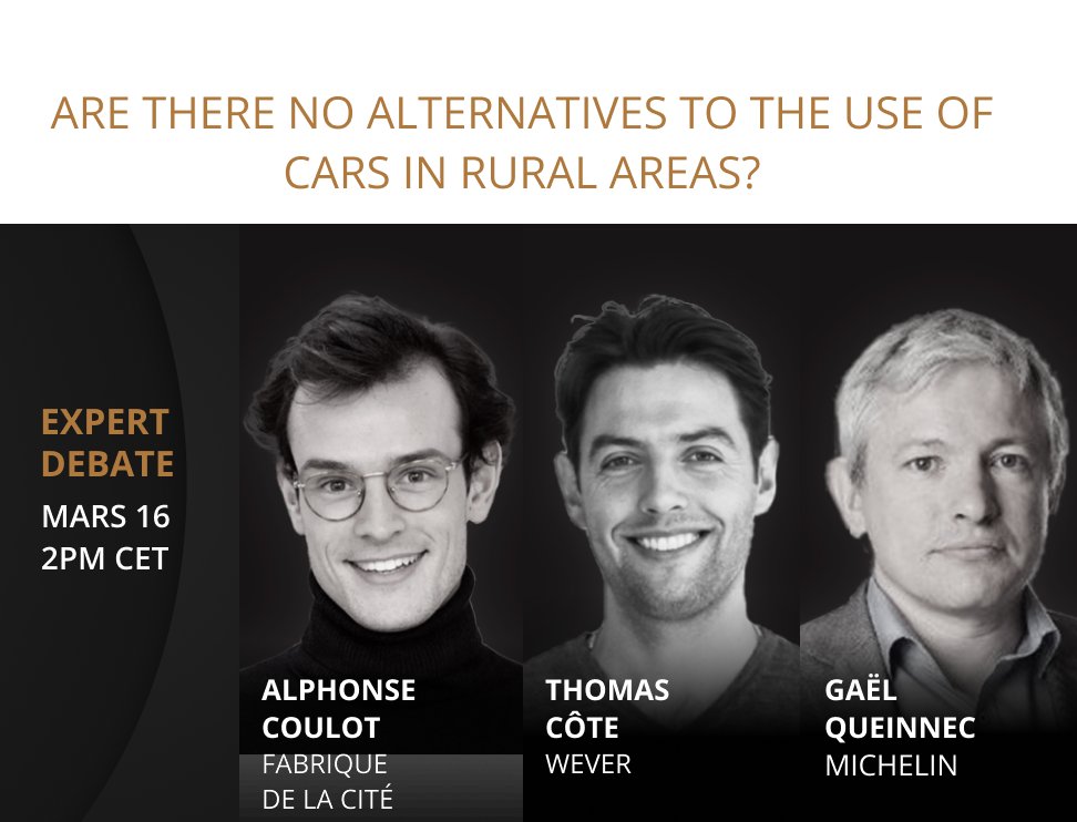 Movin'On Connect (@movinonconnect) on Twitter photo 𝐄𝐱𝐩𝐞𝐫𝐭 𝐃𝐞𝐛𝐚𝐭𝐞: are there no alternatives to the use of cars in rural areas?
🗣️ <a href="/alphonse_coulot/">Alphonse Coulot</a> , Mobility Project Manager, <a href="/FabriquelaCite/">La Fabrique de la Cité</a>
🗣️ <a href="/Thomas_COTE/">Thomas CÔTE</a>, CEO and founder, <a href="/weverapp/">wever</a>
🗣️ Gaël Queinnec, Director of Prospective, <a href="/Michelin/">Michelin</a> 𝐄𝐱𝐩𝐞𝐫𝐭 𝐃𝐞𝐛𝐚𝐭𝐞: are there no alternatives to the use of cars in rural areas?
🗣️ <a href="/alphonse_coulot/">Alphonse Coulot</a> , Mobility Project Manager, <a href="/FabriquelaCite/">La Fabrique de la Cité</a>
🗣️ <a href="/Thomas_COTE/">Thomas CÔTE</a>, CEO and founder, <a href="/weverapp/">wever</a>
🗣️ Gaël Queinnec, Director of Prospective, <a href="/Michelin/">Michelin</a>