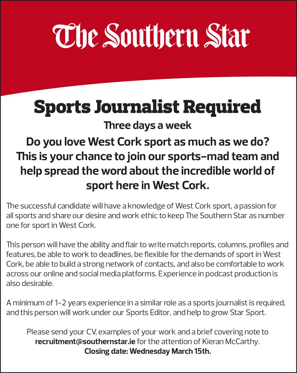 KieranMcC_SS's tweet image. 🚨 We are hiring!
@SouthernStarIRL is looking for a sports journalist to join our team and help us keep Star Sport as number one in West Cork. 
Obvious perk is the opportunity to work with me. 😃
Details here ⤵️