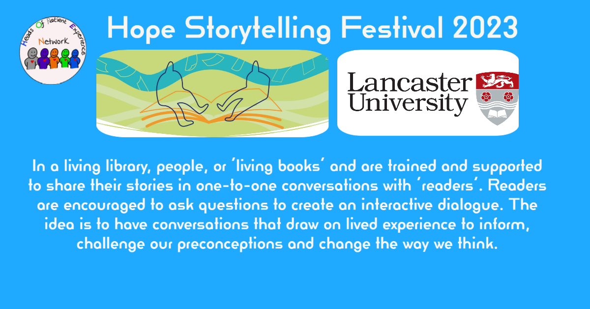 lgoodbu's tweet photo. We have a brand new session at our @HopeNetworkNHS storytelling festival join @LancasterUni @SpectrumCentre to hear about all the great work they have been doing on Living Libraries  lots to learn and share https://t.co/wGrmW6aPXB https://t.co/OkOJwQFZrF