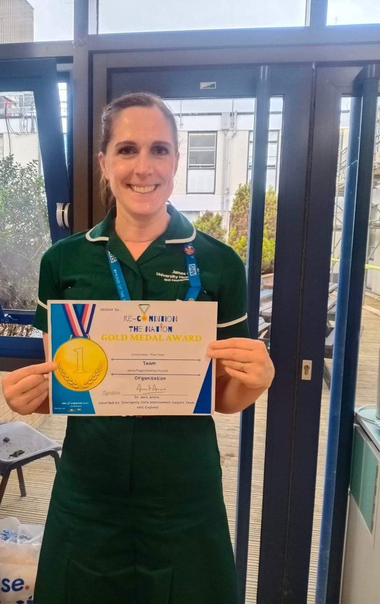 Well done to Victoria in achieving a gold medal award by supporting patient flow throughout the hospital , ensuring patients are ready, dressed , property lists are completed before going into the discharge lounge. #keepmoving #patientflow  @ReconGamesUK @BittersTracey