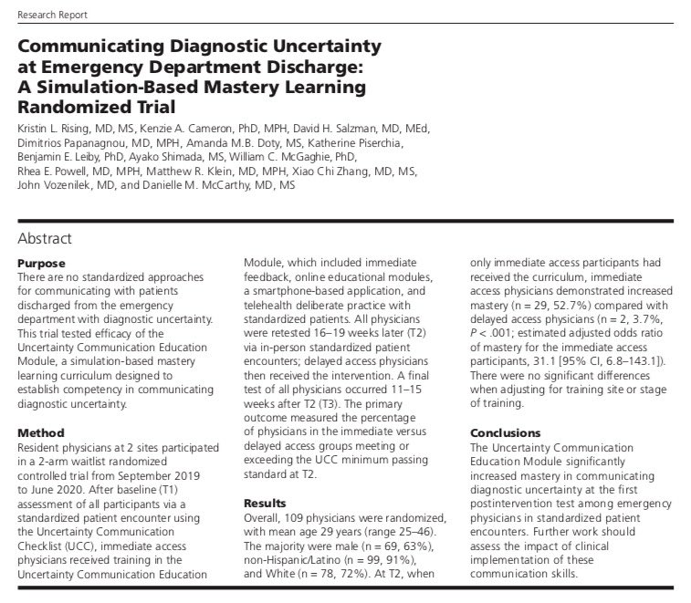 NEW in <a href="/AcadMedJournal/">Academic Medicine</a>!

Communicating Diagnostic Uncertainty at Emergency Department Discharge: A Simulation-Based #MasteryLearning Randomized Trial

Fantastic collaboration led by the amazing <a href="/RisingKristin/">Kristin Rising</a> <a href="/JeffersonUniv/">Thomas Jefferson University</a> &amp; <a href="/dmcmoster/">Danielle McCarthy</a> <a href="/NUFeinbergMed/">Northwestern Feinberg School of Medicine</a> ! 

pubmed.ncbi.nlm.nih.gov/36205492/