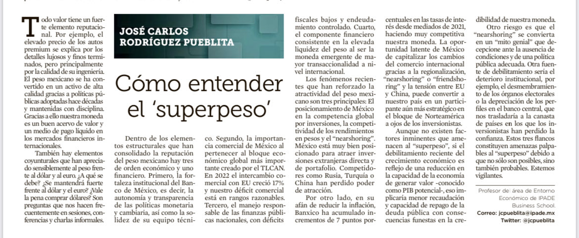 jcpueblita's tweet photo. Cómo entender el “#superpeso”
Publicado en⁦@reformanegocios⁩ 
⁦@ipade⁩ https://t.co/8s52n2bMAA