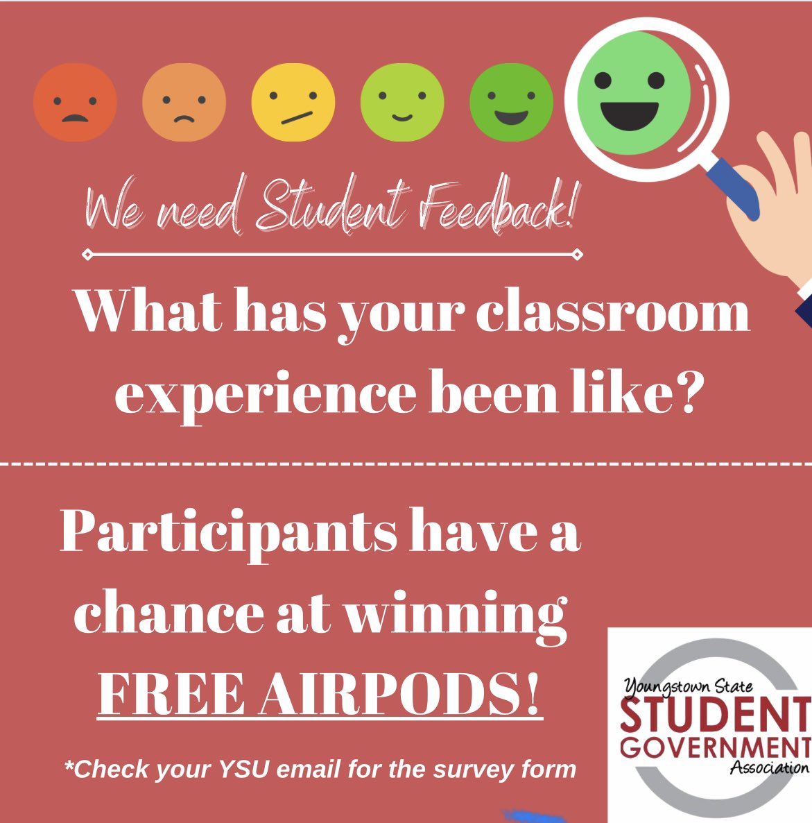 Hey Guins🐧

We want to know what your classroom experience has been like here at YSU! Participate in our survey for a chance at free AirPods. It takes less than 5 minutes! Use the link below: 

forms.office.com/pages/response…

#ysu #youngstown #yandproud