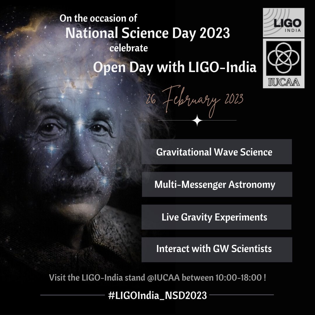 LIGOIndia's tweet photo. On the occasion of #NationalScienceDay2023, rekindle your scientific spirit by learning about #GravitationalWaveScience, #MultiMessengerAstronomy and more! π€©ππ°On 26 Feb, come visit the LIGOIndia stand at IUCAA on our Open Day and get a chance to interact with GW Scientists π€ https://t.co/PJU8ZQHrGa