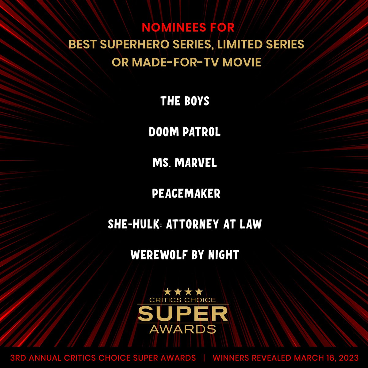 Congratulations to #CriticsChoice #SuperAwards Nominees for BEST SUPERHERO SERIES, LIMITED SERIES OR MADE-FOR-TV MOVIE:
@TheBoysTV @DCDoomPatrol @msmarvel @DCpeacemaker @SheHulkOfficial #werewolfbynight 

Full list: criticschoice.com