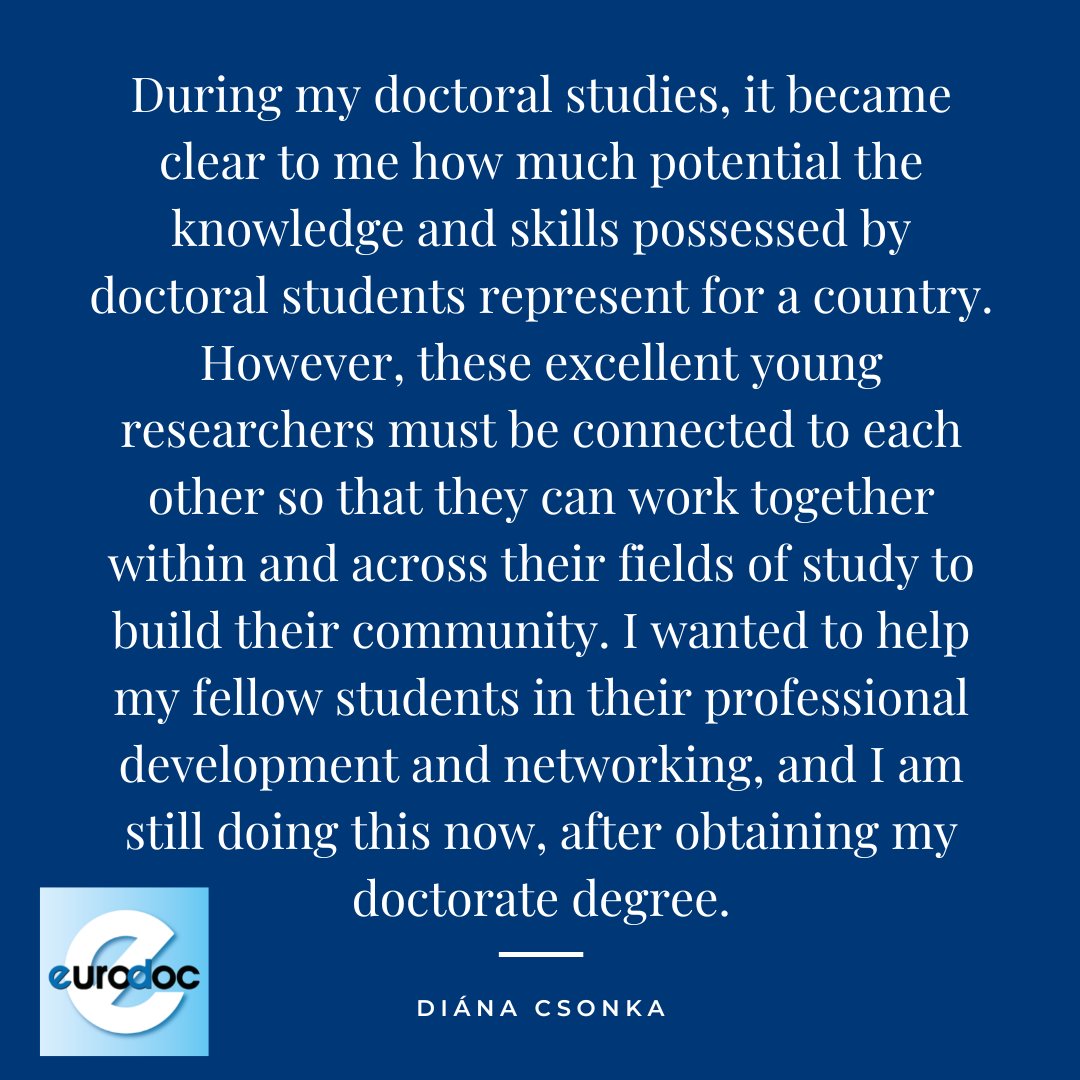 Eurodoc's tweet photo. 🎉Diána Csonka (Hungary) from the Association of Hungarian PhD and DLA Students (DOSZ), answers the questions:
✔️Who are you?
✔️What is your research about?
✔️Why did you go into research?
✔️Why did you join this campaign?
#WeAreEurodoc #WomenInResearch #DoctoralCandidates #dosz https://t.co/oHHS68B5On
