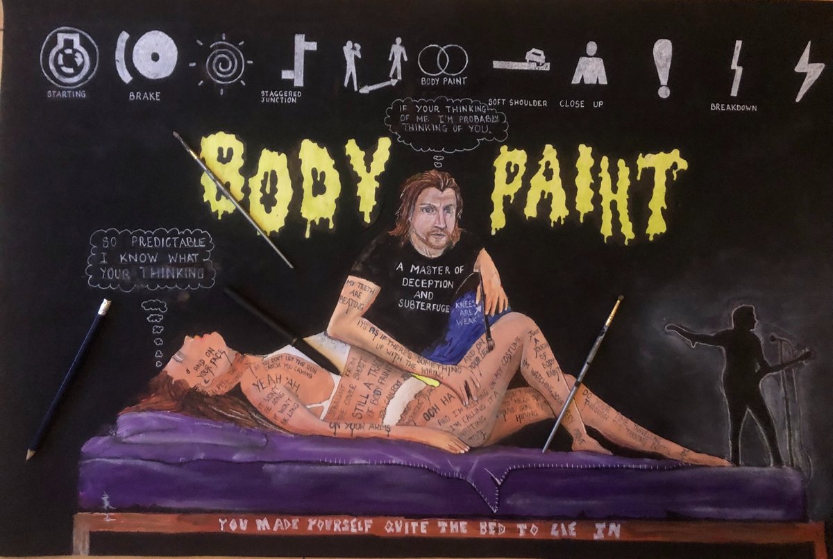 JanetHalmshaw's tweet photo. Bodypaint - Arctic Monkeys painting by Paul Halmshaw. All lyrics from song written on the bodies. #arcticmonkeys #matthelders #nickomalley #jaimiecook #am7 #thecar @arcticmonkeys @alexturner #sheffield #swfc #sufc #sheffieldart #highgreen #art #vinyl #lyrics #music #am #bodypaint https://t.co/RRdWsytCOq