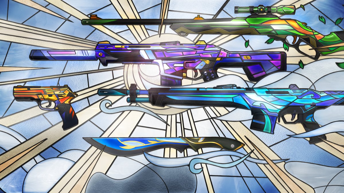 VALORANTBrasil's tweet photo. Encha sua coleção de cores com as skins Vitral. 
O pacote chega às lojas em 22 de fevereiro trazendo Phantom, Guardian, Marshal, Classic e a Espada Vitral. https://t.co/q5bwc9UaxJ