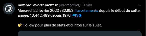 nombrelvg's tweet photo. Mercredi 22 février 2023 : 32.653 personnes n'ont pas eu à subir une grossesse contre leur volonté.

Mais attention, peut-être que les anti #avortements annuleront les #ivg l'année prochaine, comme pour 2022.
https://t.co/0NYu5BnoGU
OUI à l'ivg libre, gratuite et pour tou-te-s. https://t.co/zs4pAzqiFr