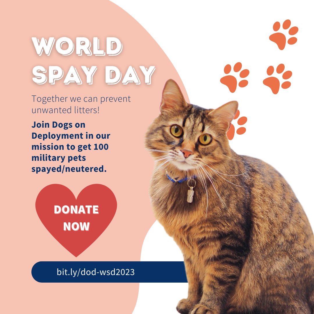 Did you know that 10 million unwanted animals enter shelters a year? 90% of them are not altered, and 4-6 are euthanized. Join us in our goal for World Spay Day at bit.ly/dod-wsd2023

#dogsondeployment #worldspayday #petownership #pets #dogs #cats #veterinaryhealth