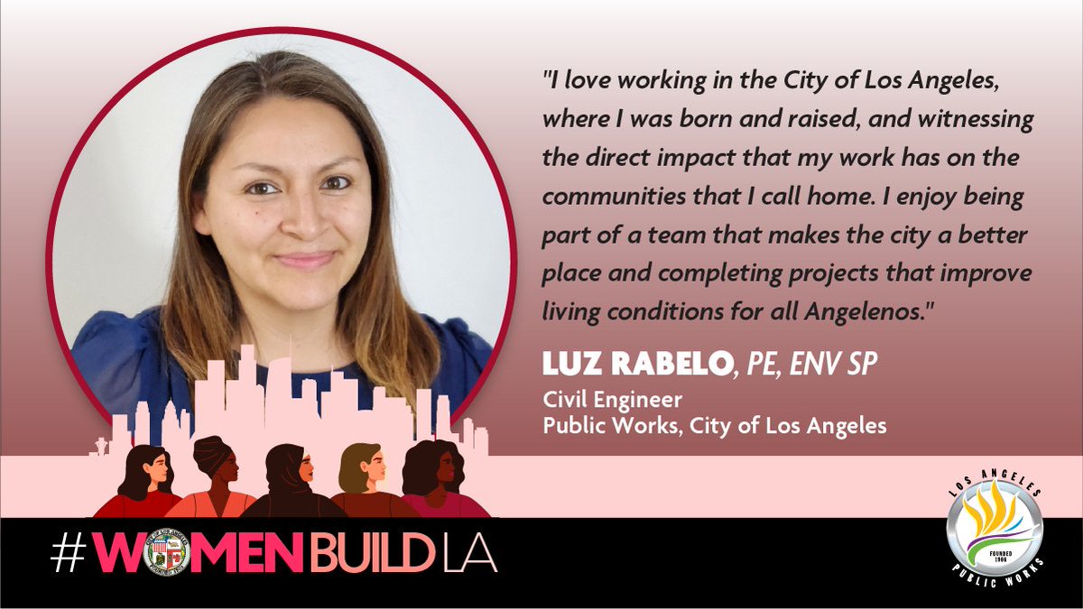 LACityDPW's tweet photo. In honor of #EngineersWeek, our #WomenBuildLA series spotlight is on Luz. As a Civil Engineer with BOE, she’s served as construction manager on multiple A Bridge Home &amp; Tiny Home Village projects. She also mentors young engineers. Read more: https://t.co/fxQOAcU7J5. #EWeek2023 https://t.co/ZjLEuVV6Yz