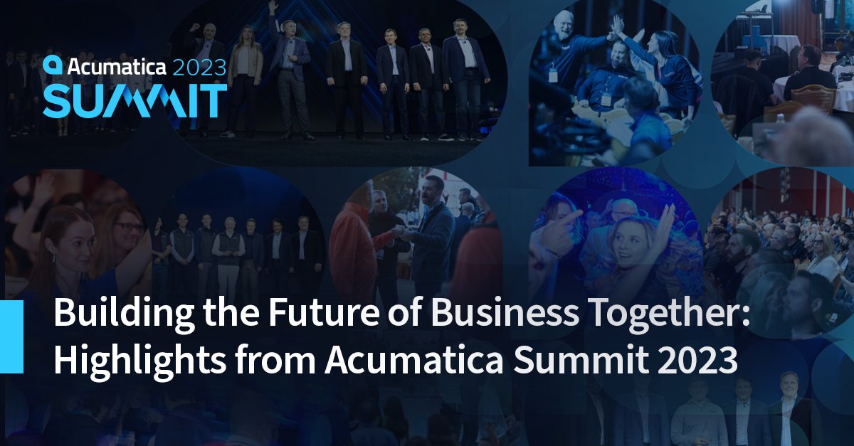 Acumatica's tweet photo. Building the future of business together begins with Community—and that’s what #AcumaticaSummit 2023 was all about.
Here’s a recap of the event and a look at how the #AcumaticaCommunity is the heart of our success: https://t.co/NsydnxBnYX https://t.co/B3PEUztLvI