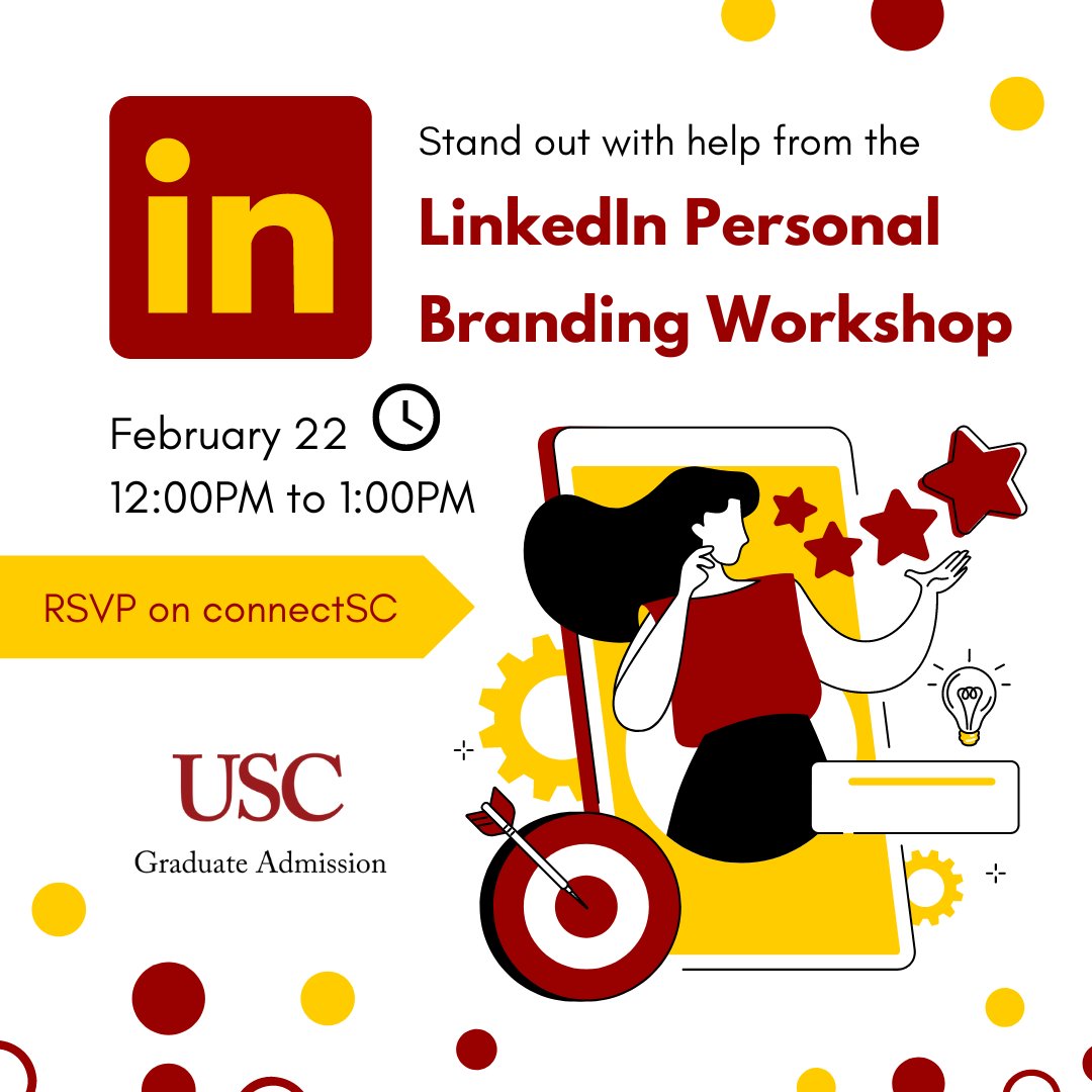 USCGradAdm's tweet photo. Developing your personal brand is critical for interviews, job searching, and your career! Join us for this workshop on building your personal brand. RSVP on connectSC!
#USC #PersonalBrand #ConnectSC #Branding #GradSchool #Networking https://t.co/iWQwyLZpYk