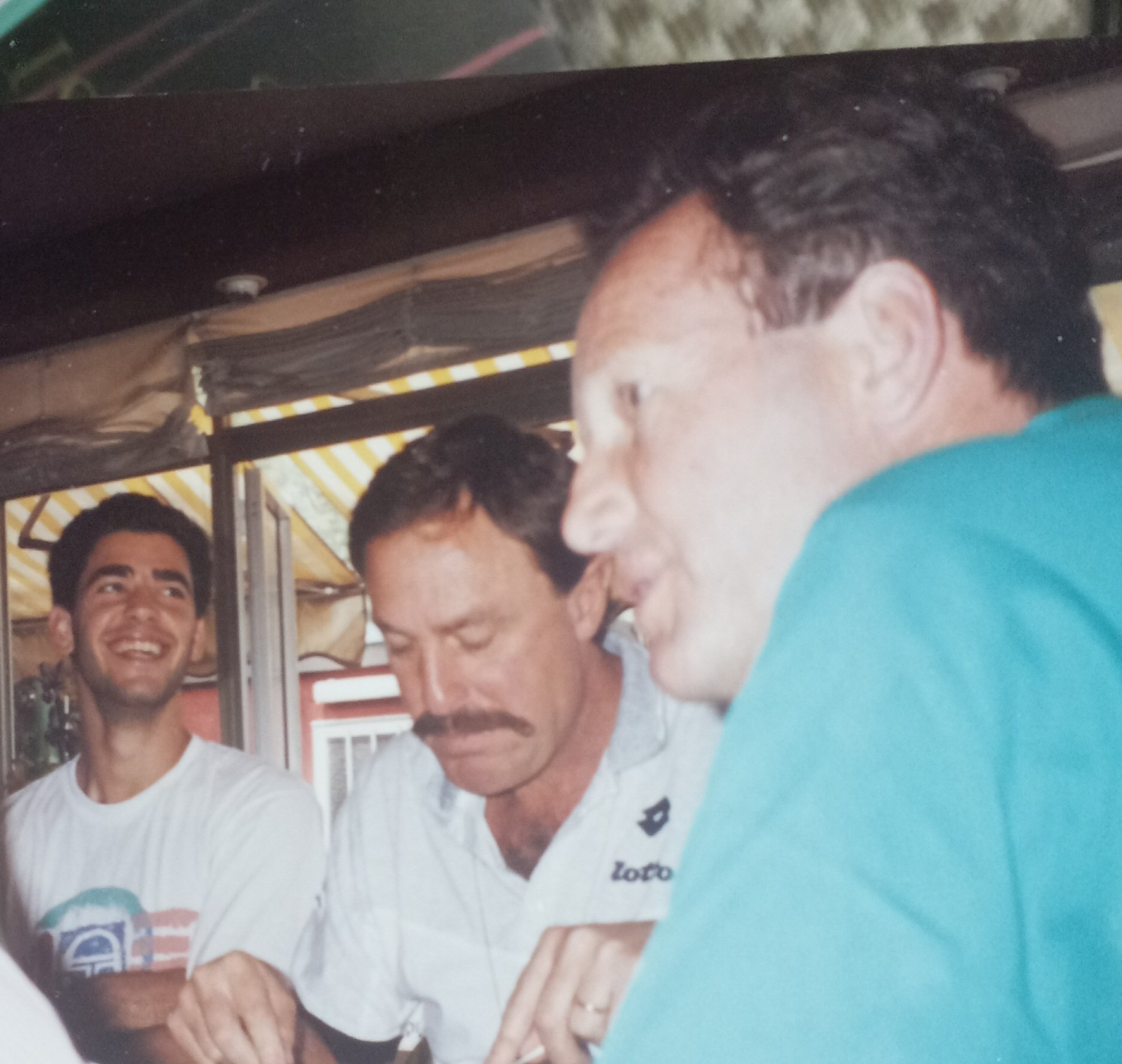 Happy Birthday Tom Okker. Lunching here with John Newcombe and a very young Pete Sampras at Foro Italico in 1990\s. 